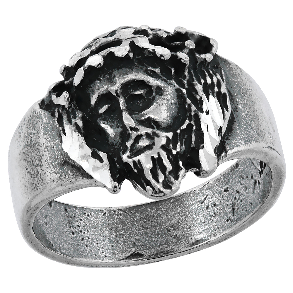STERLING SILVER JESUS CHRIST RING FOR MEN CROWN OF THORNS OXIDIZED 9/16 INCH WIDE SIZES 8 - 13