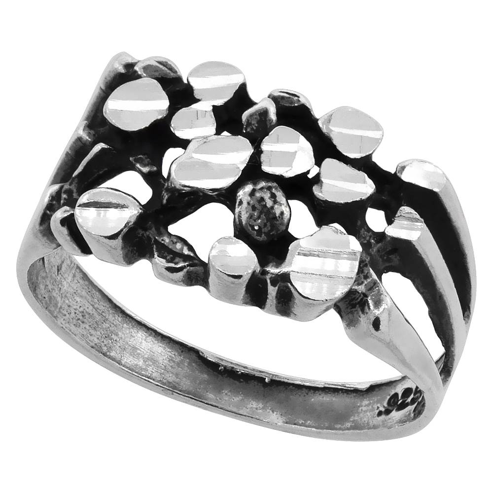 OXIDIZED STERLING SILVER FLORAL NUGGET RING FOR MEN 3/8 INCH WIDE SIZES 8 - 13