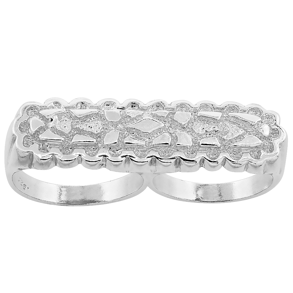 STERLING SILVER TWO FINGER NUGGET RING 7/16 INCH WIDE, SIZES 8 - 13