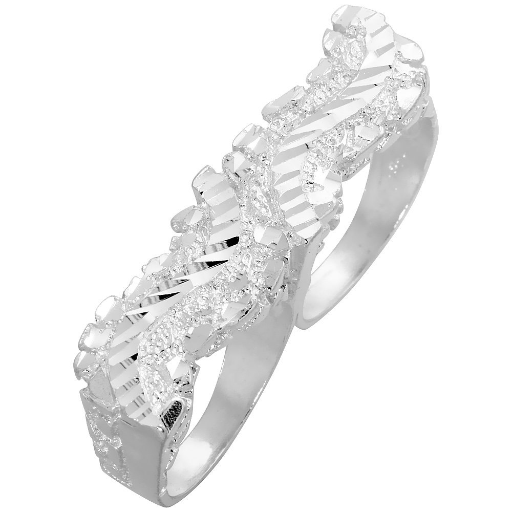 STERLING SILVER TWO FINGER WAVY NUGGET RING 7/16 INCH WIDE, SIZES 8 - 13