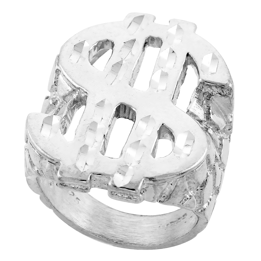 1 5/16 INCH LARGE STERLING SILVER DOLLAR SIGN RING FOR MEN NUGGET TEXTURE DIAMOND CUT SIZES 8 - 13