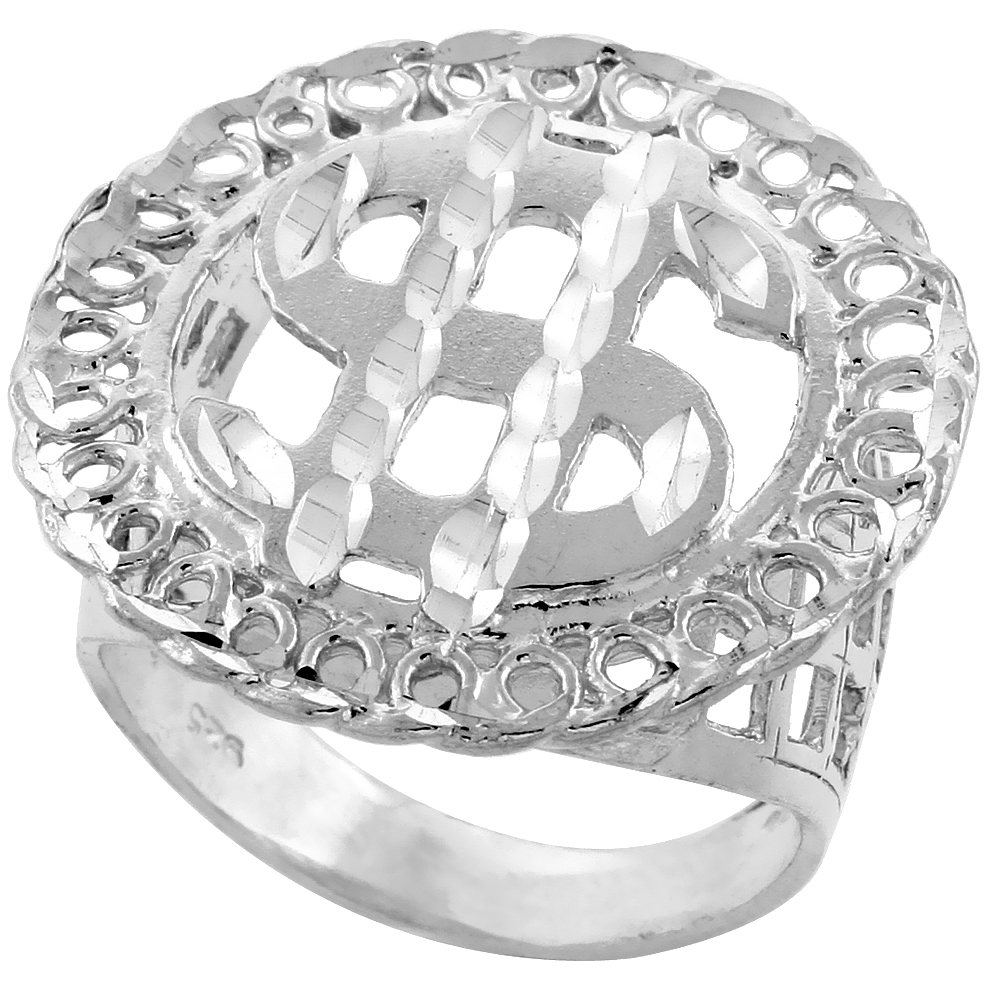 STERLING SILVER DOLLAR SIGN RING FOR MEN OPEN ROUND ENDLESS CIRCLES BORDER 1 1/16 INCH WIDE SIZES 8 - 13