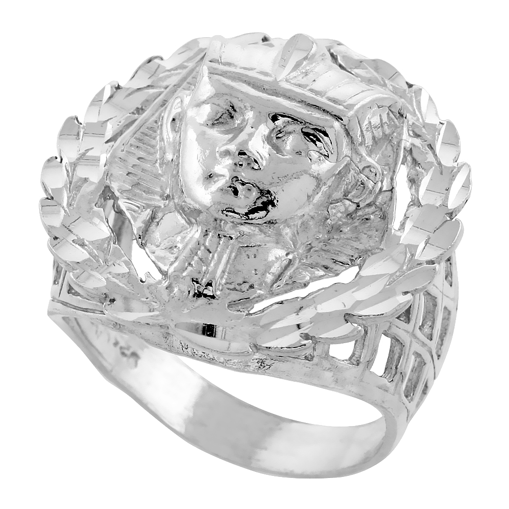 LARGE STERLING SILVER WREATH BORDER KING TUT MASK RING FOR MEN 1 INCH WIDE SIZES 8 - 13