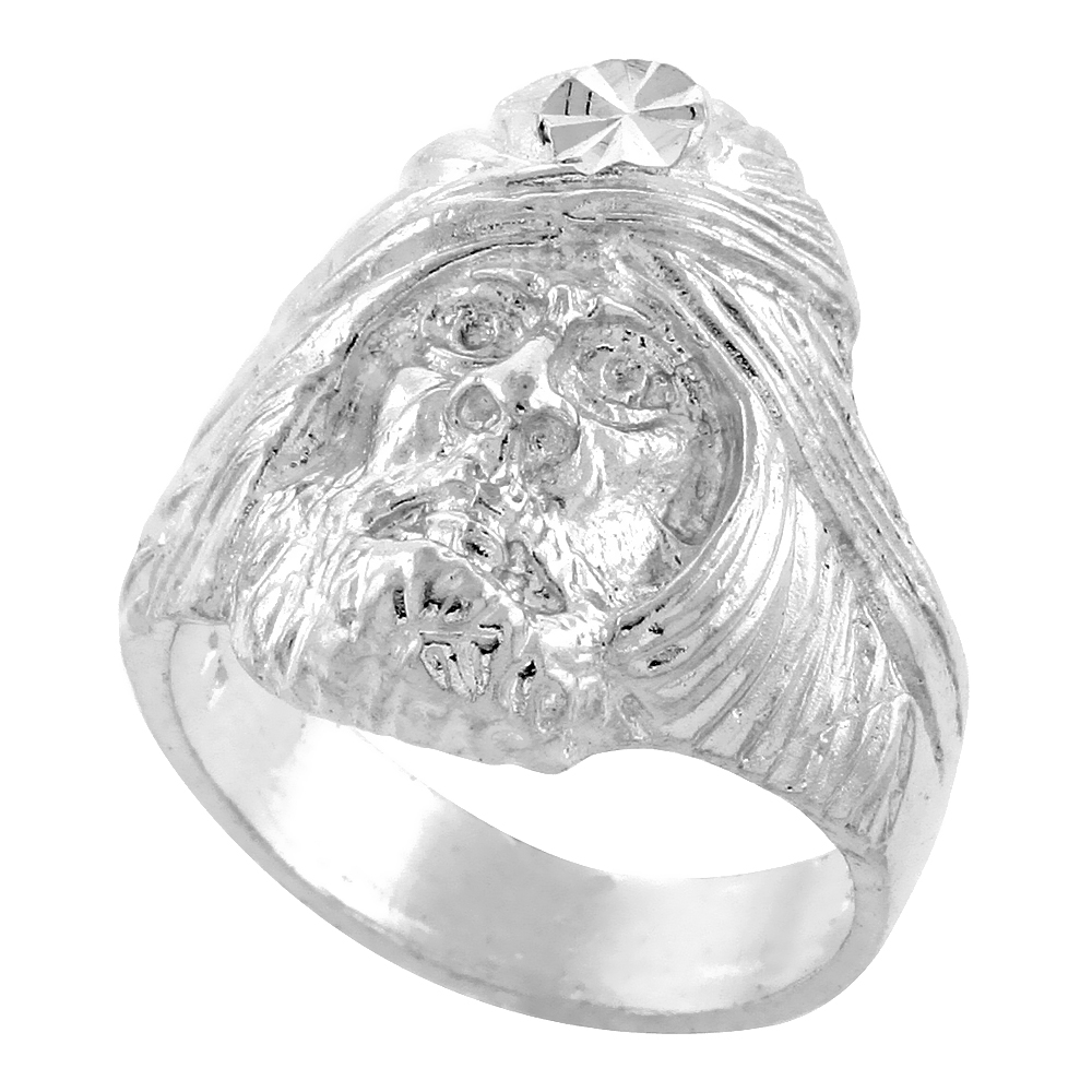 Large Sterling Silver Sorcerer Head Ring for Men 15/16 inch wide sizes 8 - 13