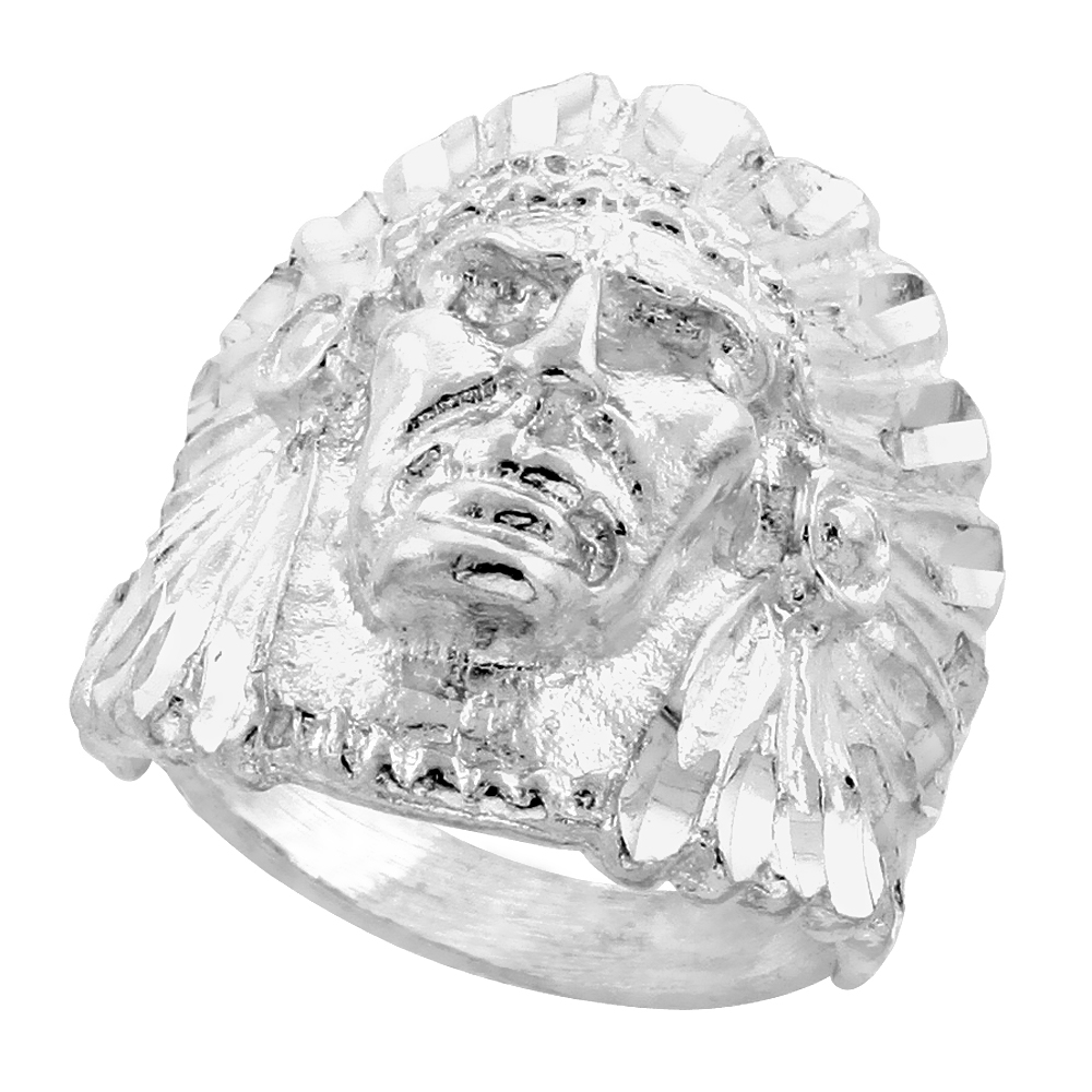 STERLING SILVER CHEIF HEADDRESS INDIAN HEAD RING FOR MEN 15/16 INCH WIDE SIZES 8 - 13