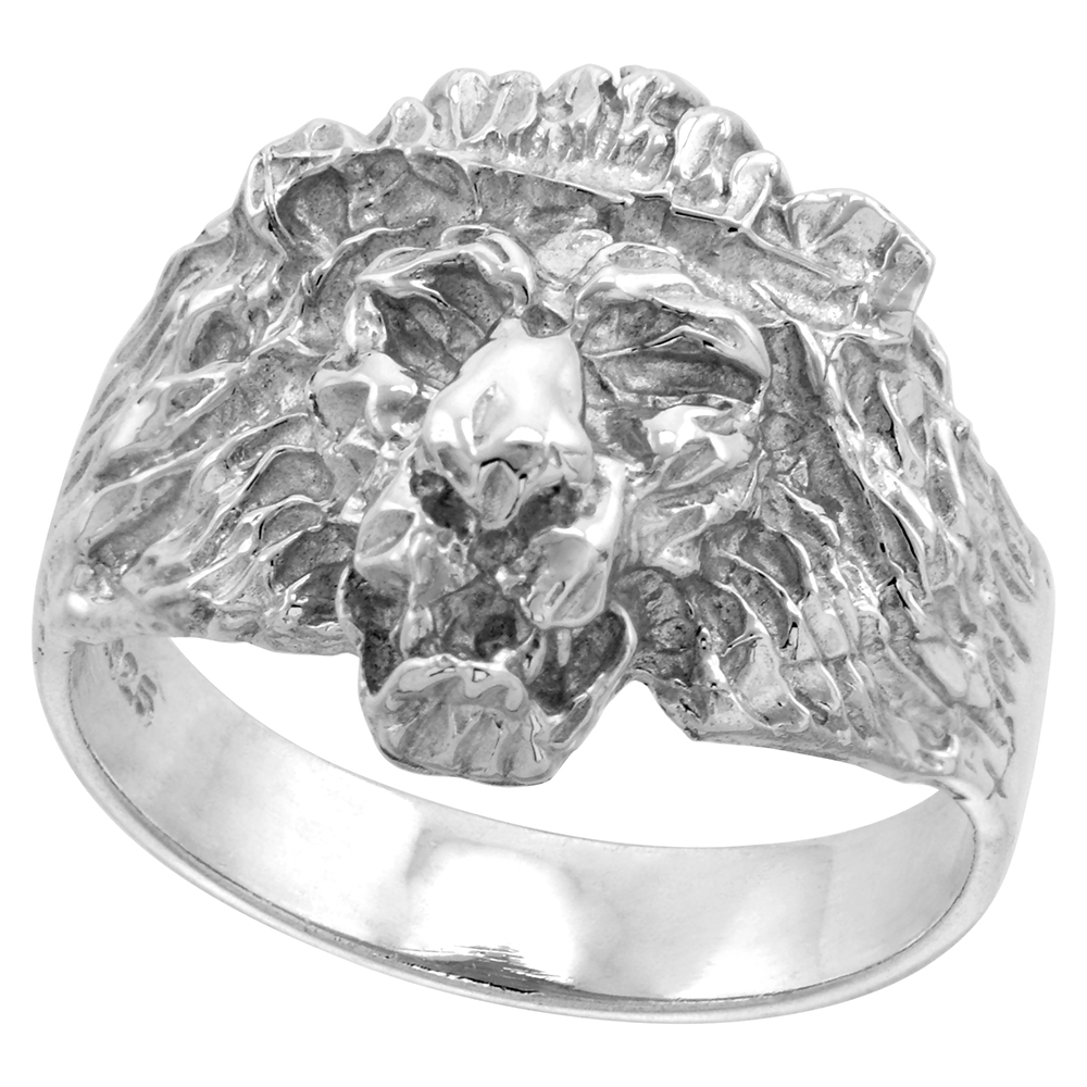 3/4 INCH STERLING SILVER LION RING FOR MEN POLISHED FINISH SIZES 8 - 14