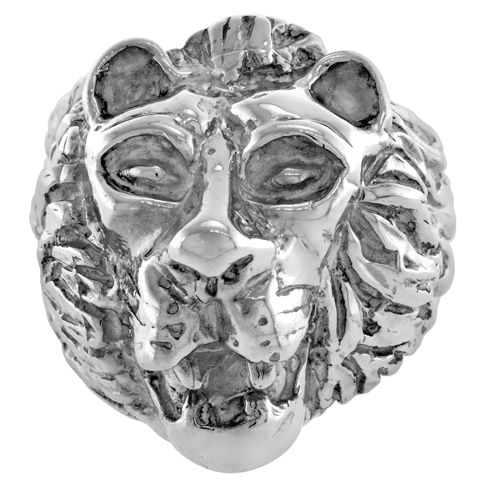LARGE STERLING SILVER LION RING FOR MEN POLISHED FINISH SIZES 8 - 13