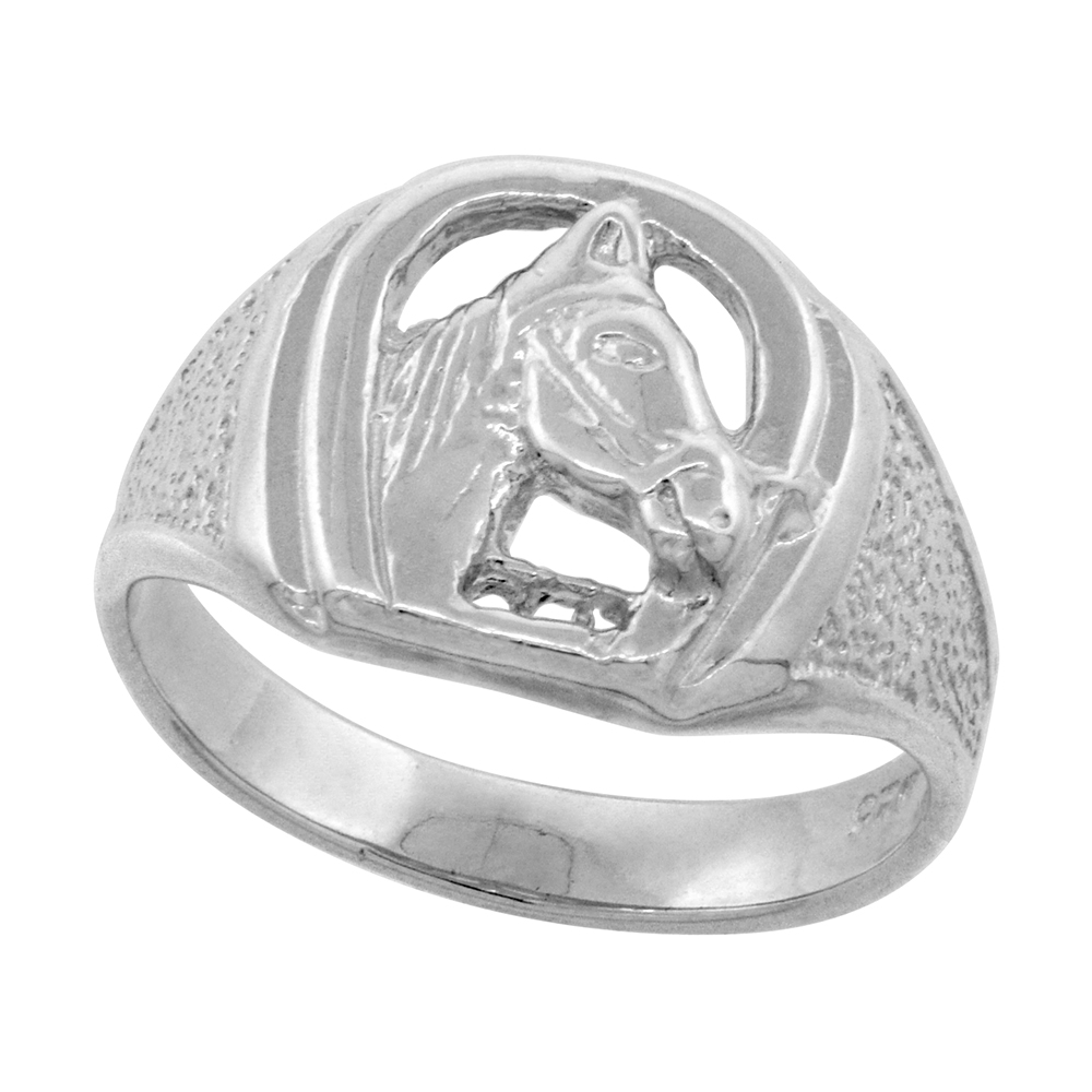 SMALL 1/2 INCH STERLING SILVER HORSESHOE RING FOR WOMEN HORSE HEAD POLISHED FINISH SIZES 8 - 14