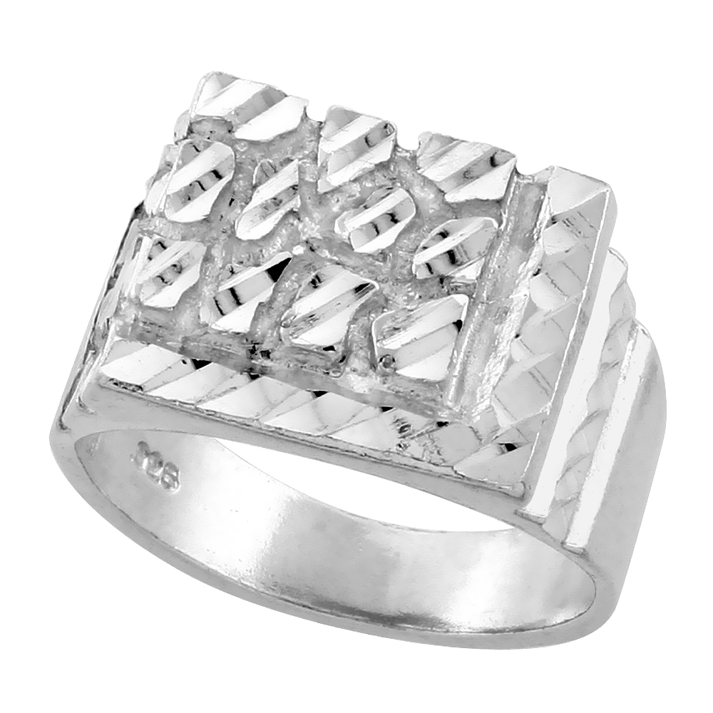 STERLING SILVER L BORDER SQUARE NUGGET RING FOR MEN 9/16 INCH WIDE SIZES 8 - 13