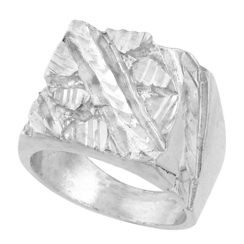 STERLING SILVER DIAGONAL GROOVE SQUARE NUGGET RING FOR MEN 5/8 INCH WIDE SIZES 8 - 13