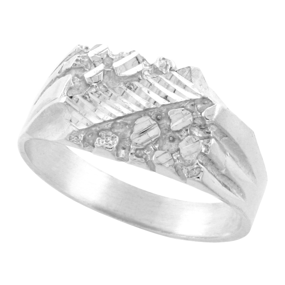 STERLING SILVER NUGGET RING FOR MEN SLANTED STRIPE CENTER 7/16 INCH WIDE SIZES 8 - 13
