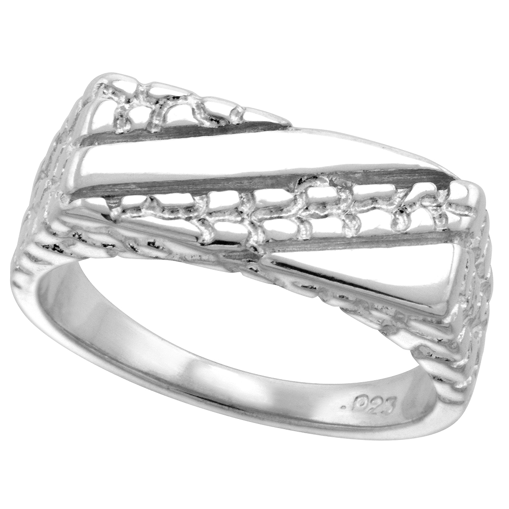 STERLING SILVER DIAGONAL GROOVE NARROW RECTANGLE NUGGET RING FOR MEN 5/16 INCH WIDE SIZES 8 - 13