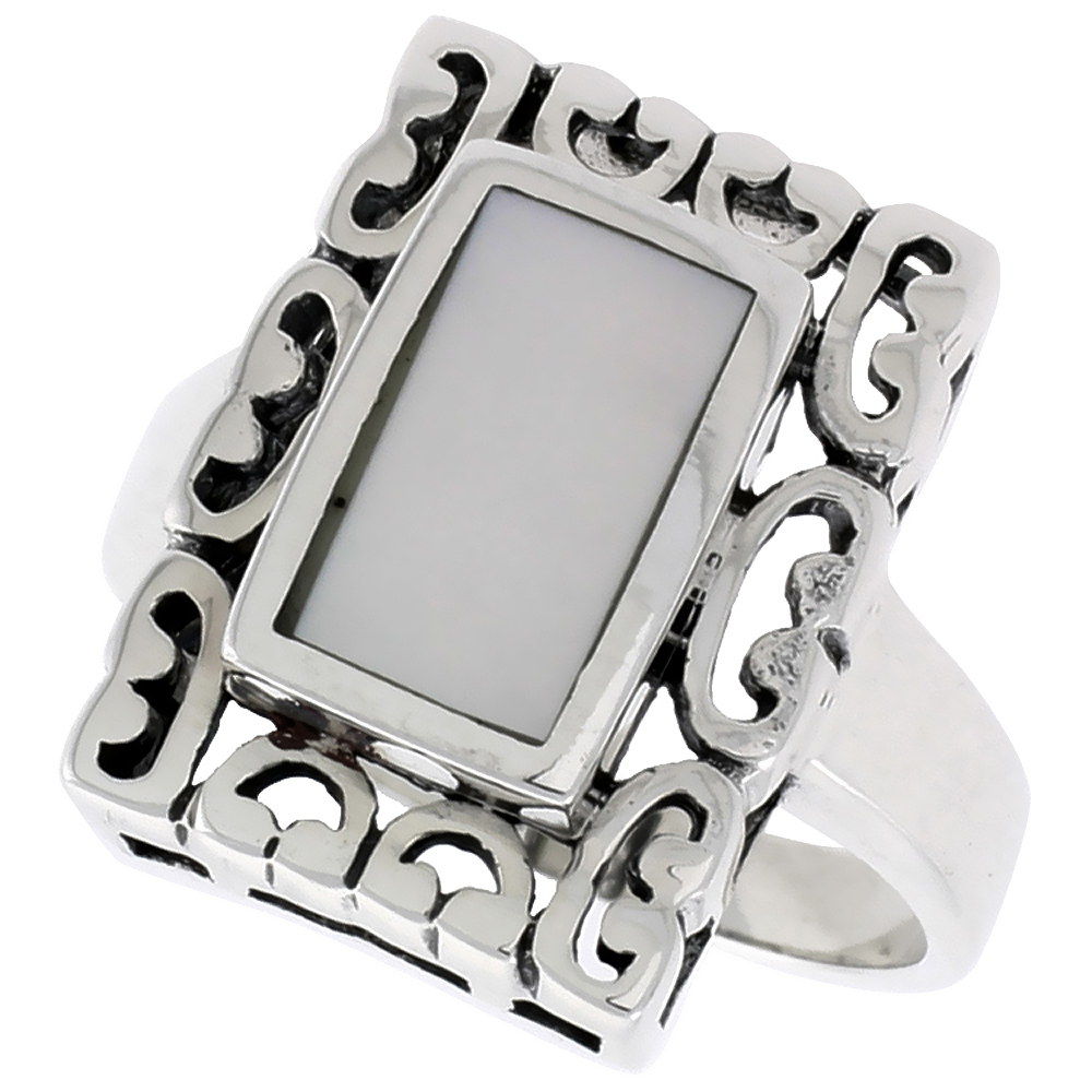 STERLING SILVER RING, W/ 10 X 6 MM RECTANGULAR MOTHER OF PEARL, 3/4 INCH (18 MM) WIDE