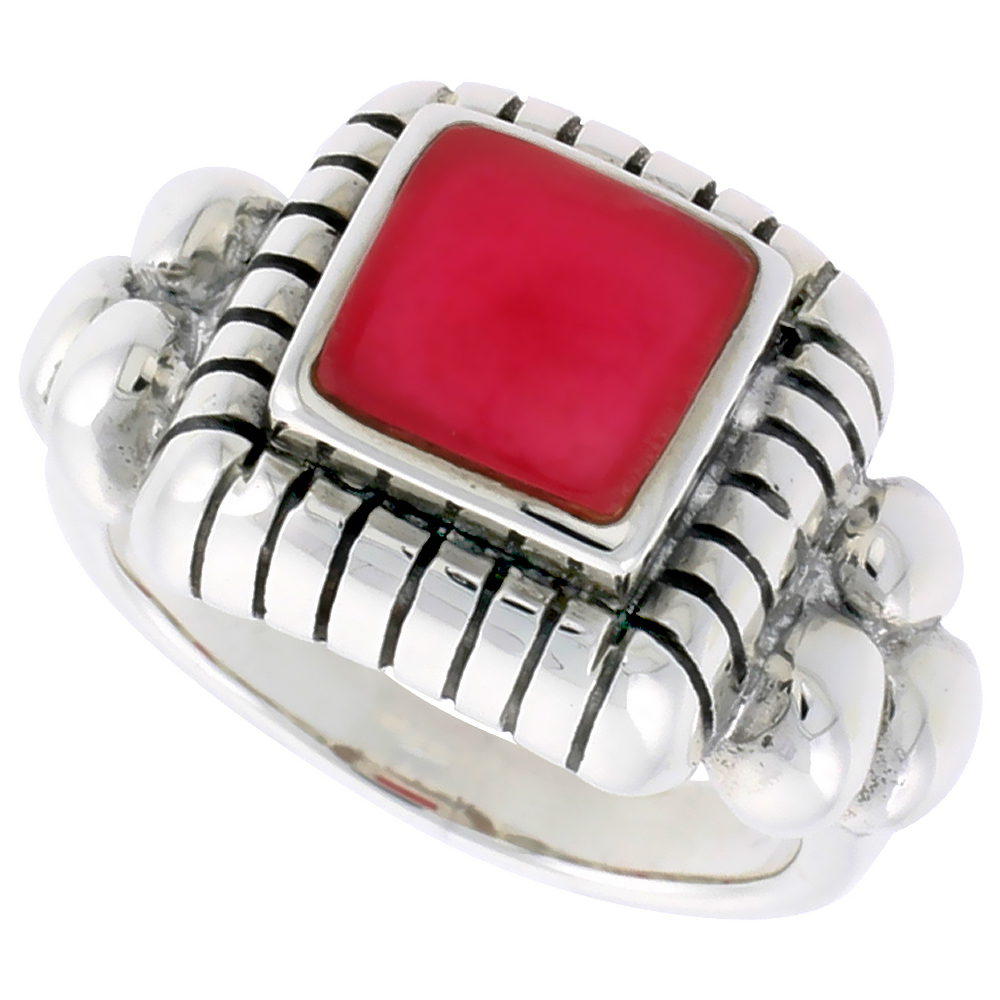 STERLING SILVER RING, W/ 8MM SQUARE-SHAPED RED RESIN, 1/2 INCH (13 MM) WIDE