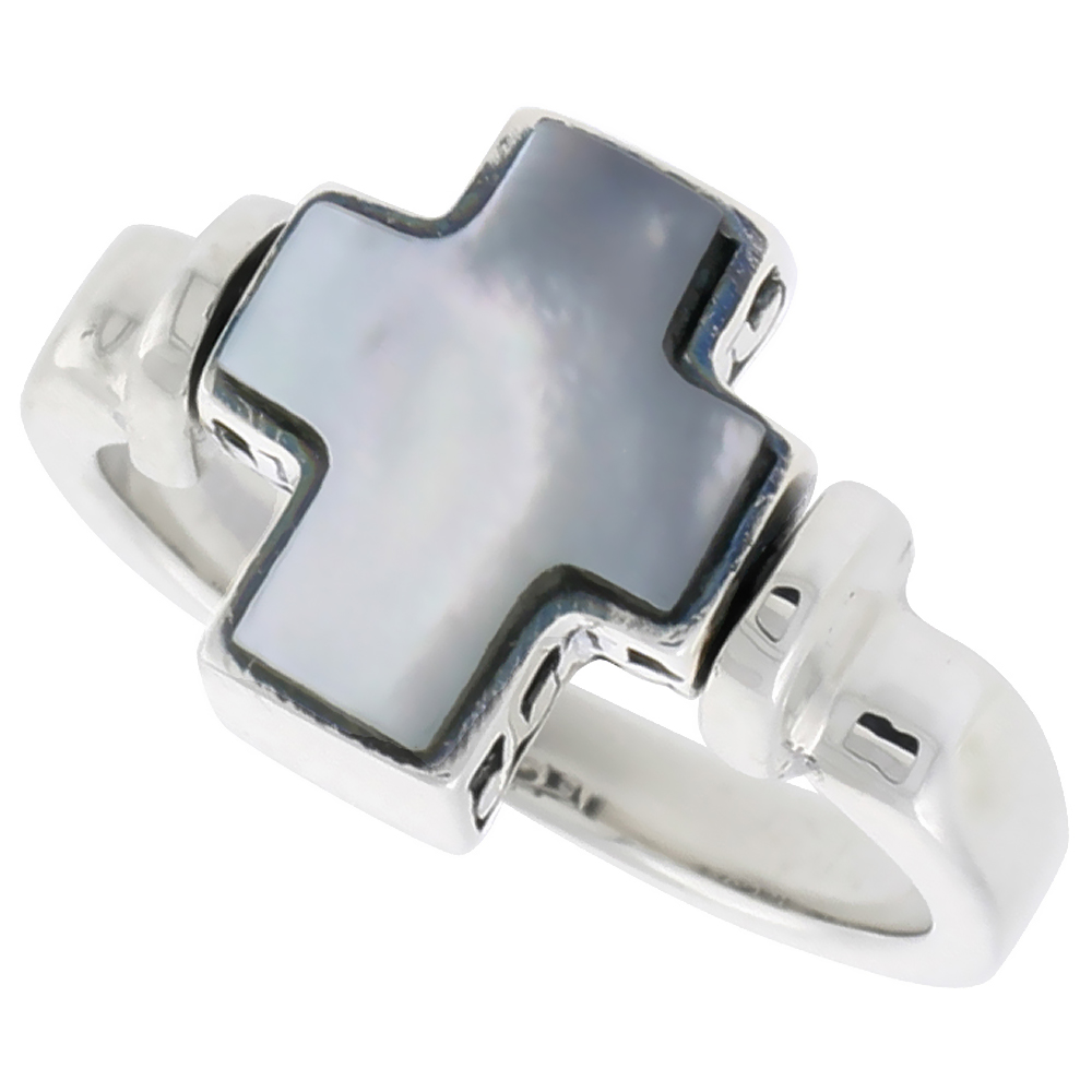 STERLING SILVER CROSS RING W/ MOTHER OF PEARL, 1/2 INCH (12 MM) WIDE