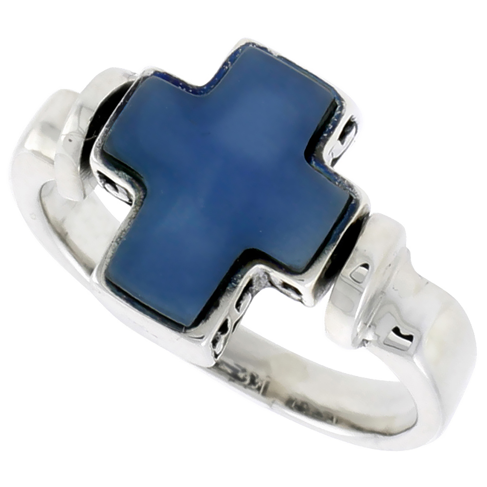 STERLING SILVER CROSS RING W/ BLUE RESIN, 1/2 INCH (12 MM) WIDE