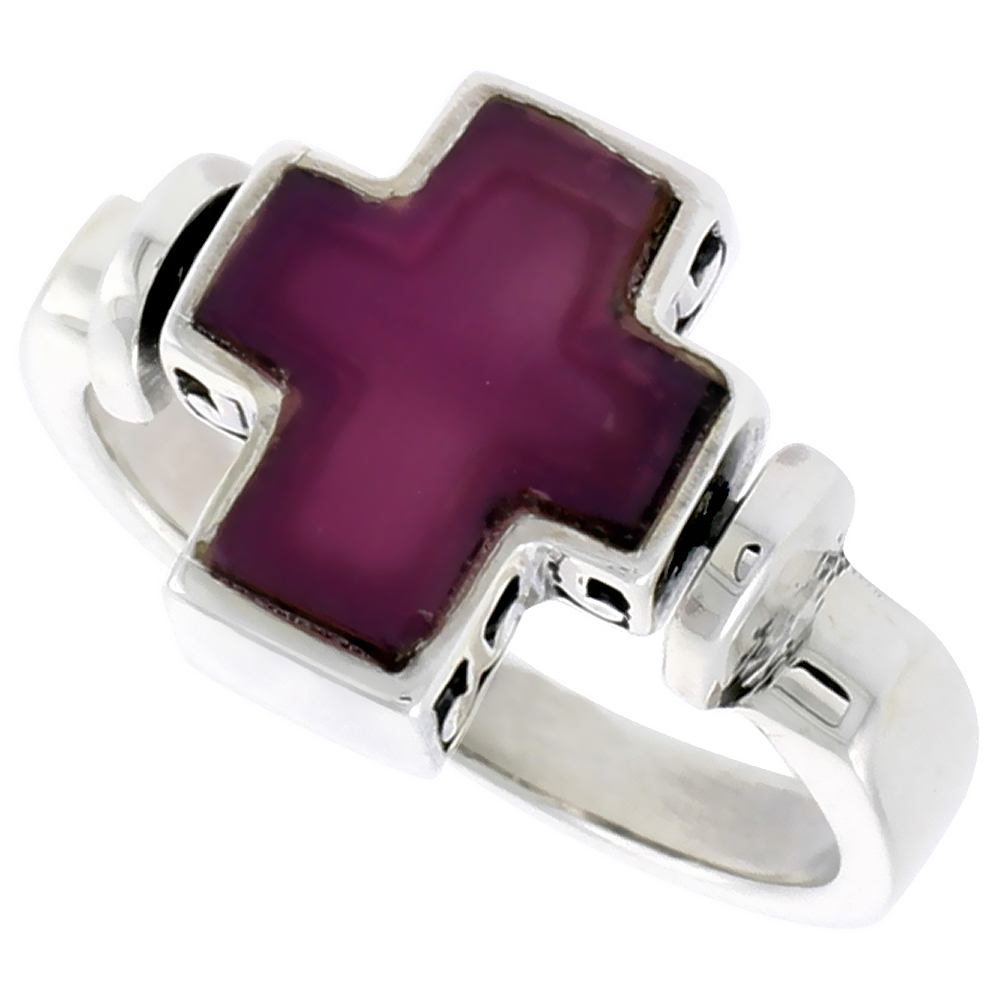 STERLING SILVER CROSS RING W/ PURPLE RESIN, 1/2 INCH (12 MM) WIDE