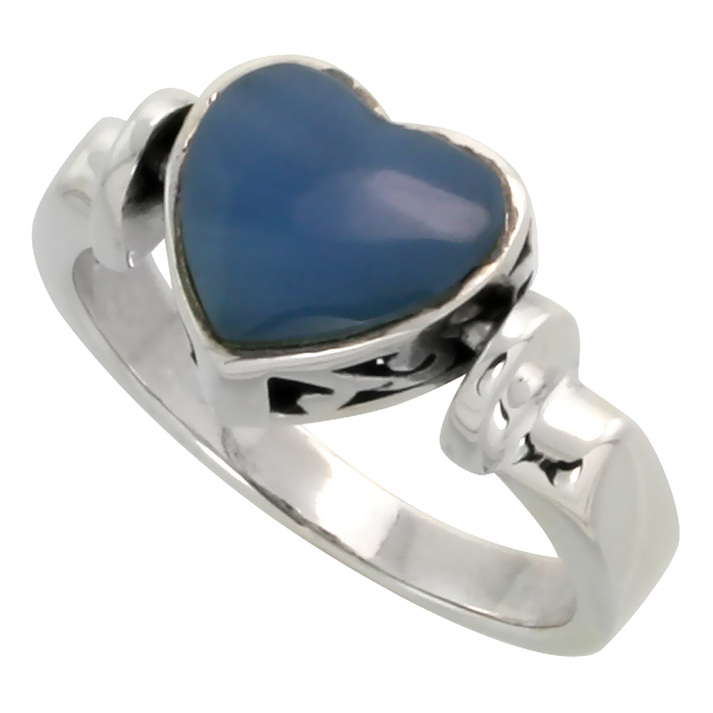 STERLING SILVER HEART RING W/ BLUE RESIN, 3/8 INCH (10 MM) WIDE