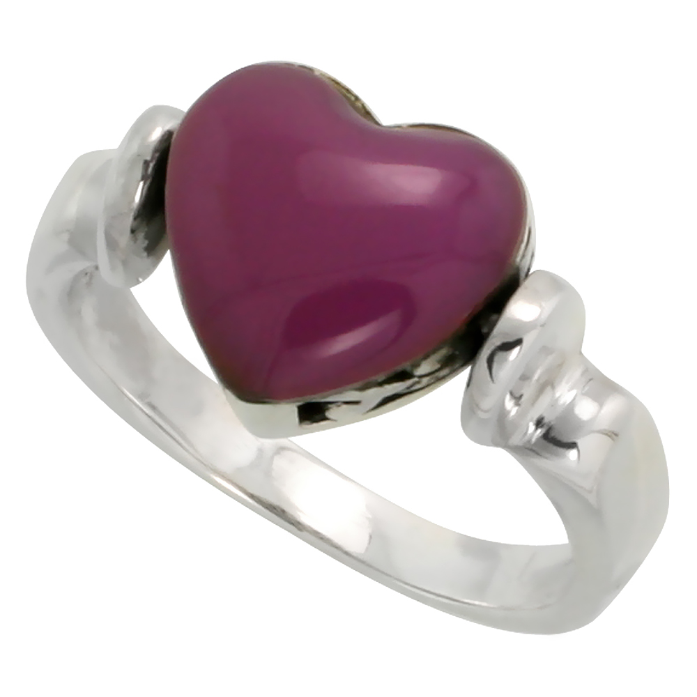 STERLING SILVER HEART RING W/ PURPLE RESIN, 3/8 INCH (10 MM) WIDE