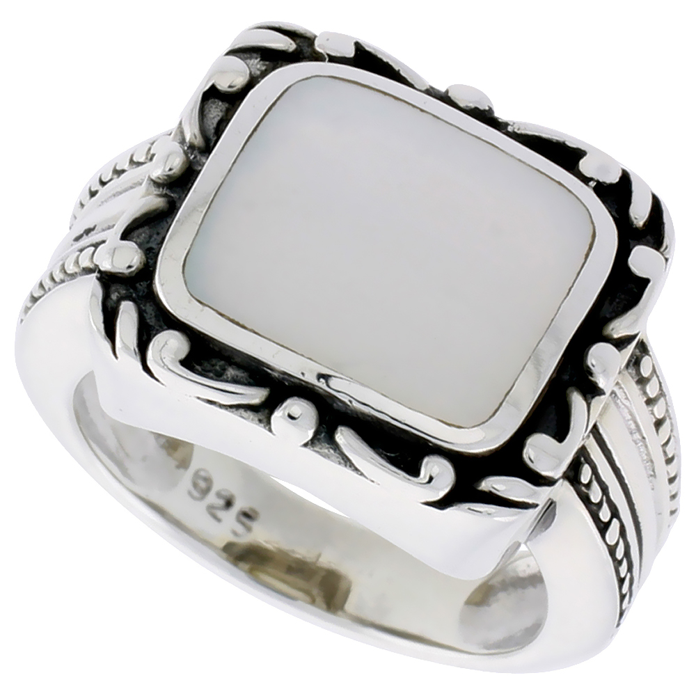 STERLING SILVER RING, W/ 12 X 9 MM RECTANGULAR MOTHER OF PEARL, 1/2 INCH (14 MM) WIDE
