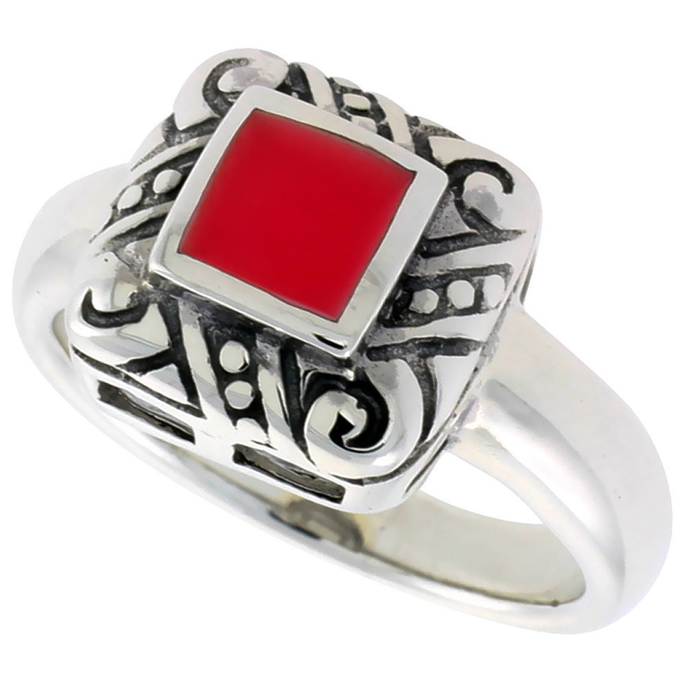 STERLING SILVER RING, W/ 6MM SQUARE-SHAPED RED RESIN, 1/2 INCH (11 MM) WIDE