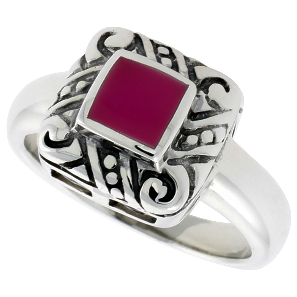 STERLING SILVER RING, W/ 6MM SQUARE-SHAPED PURPLE RESIN, 1/2 INCH (11 MM) WIDE