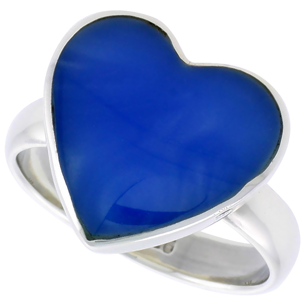 STERLING SILVER HEART RING W/ BLUE RESIN, 5/8 INCH (15 MM) WIDE