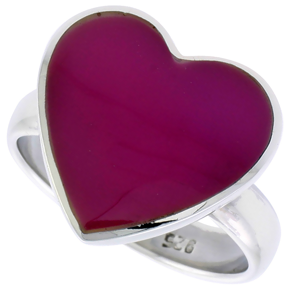 STERLING SILVER HEART RING W/ PURPLE RESIN, 5/8 INCH (15 MM) WIDE
