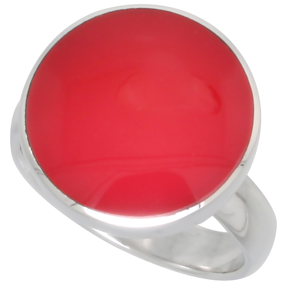 STERLING SILVER RING, W/ 16MM ROUND-SHAPED RED RESIN, 5/8 INCH (16 MM) WIDE