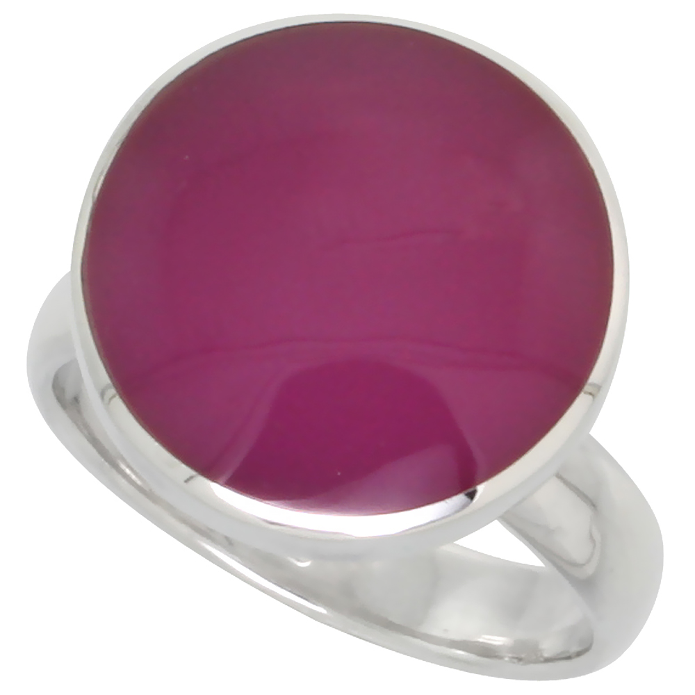 STERLING SILVER RING, W/ 16MM ROUND-SHAPED PURPLE RESIN, 5/8 INCH (16 MM) WIDE