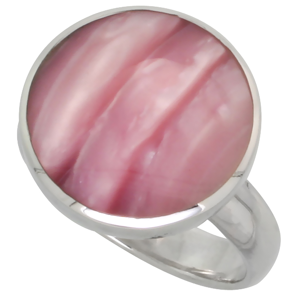 STERLING SILVER RING, W/ 16MM ROUND-SHAPED PINK MOTHER OF PEARL, 5/8 INCH (16 MM) WIDE