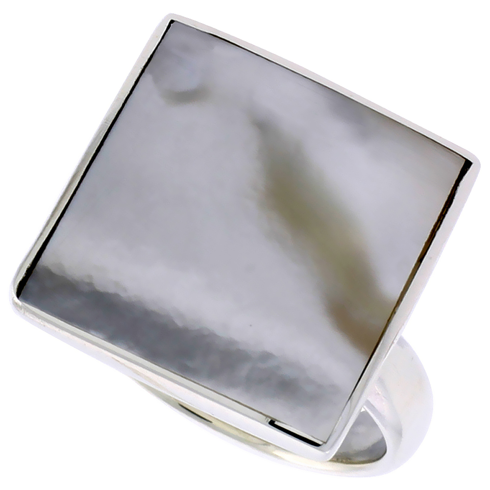 STERLING SILVER RING, W/ 17MM SQUARE-SHAPED MOTHER OF PEARL, 5/8 INCH (16 MM) WIDE
