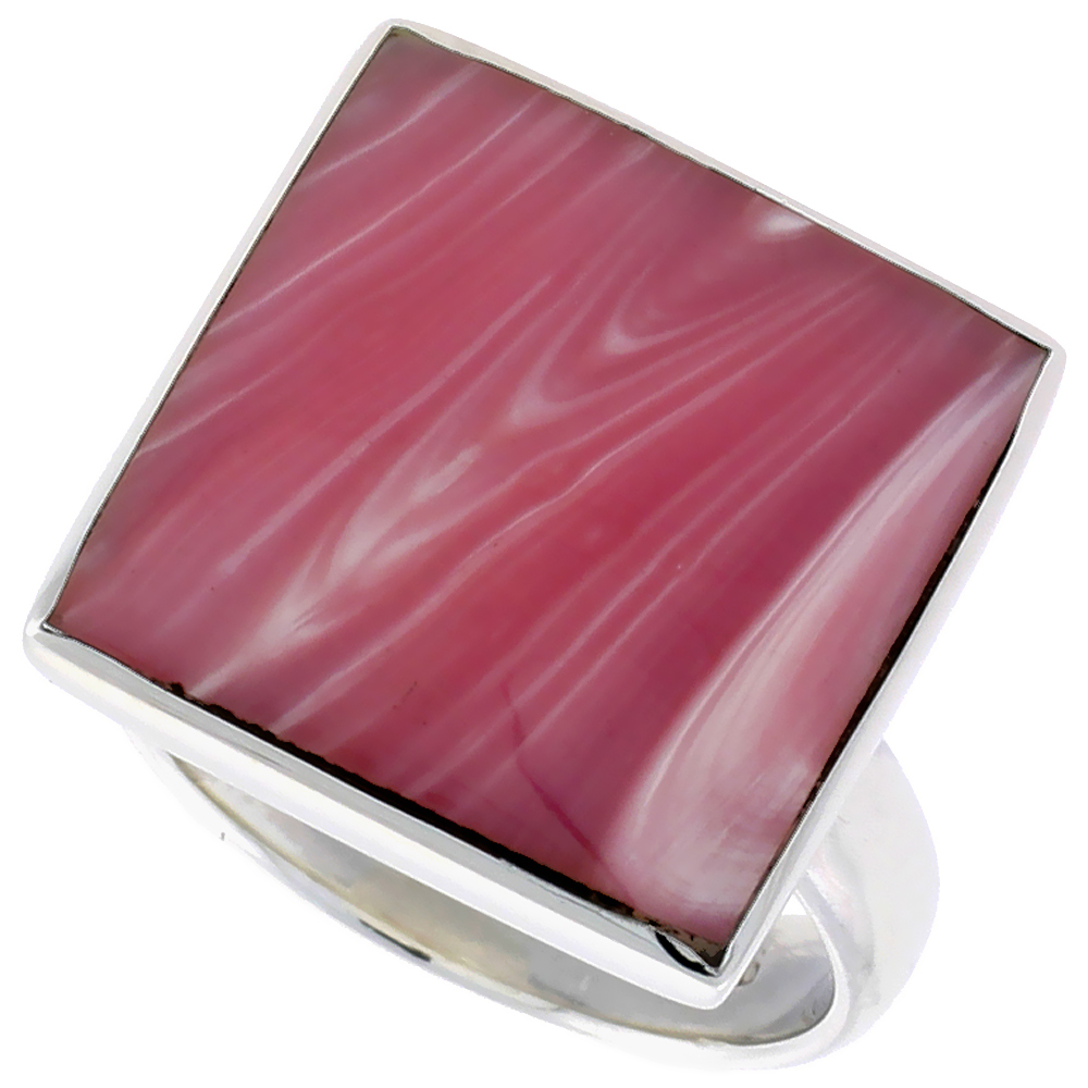 STERLING SILVER RING, W/ 17MM SQUARE-SHAPED PINK MOTHER OF PEARL, 5/8 INCH (16 MM) WIDE