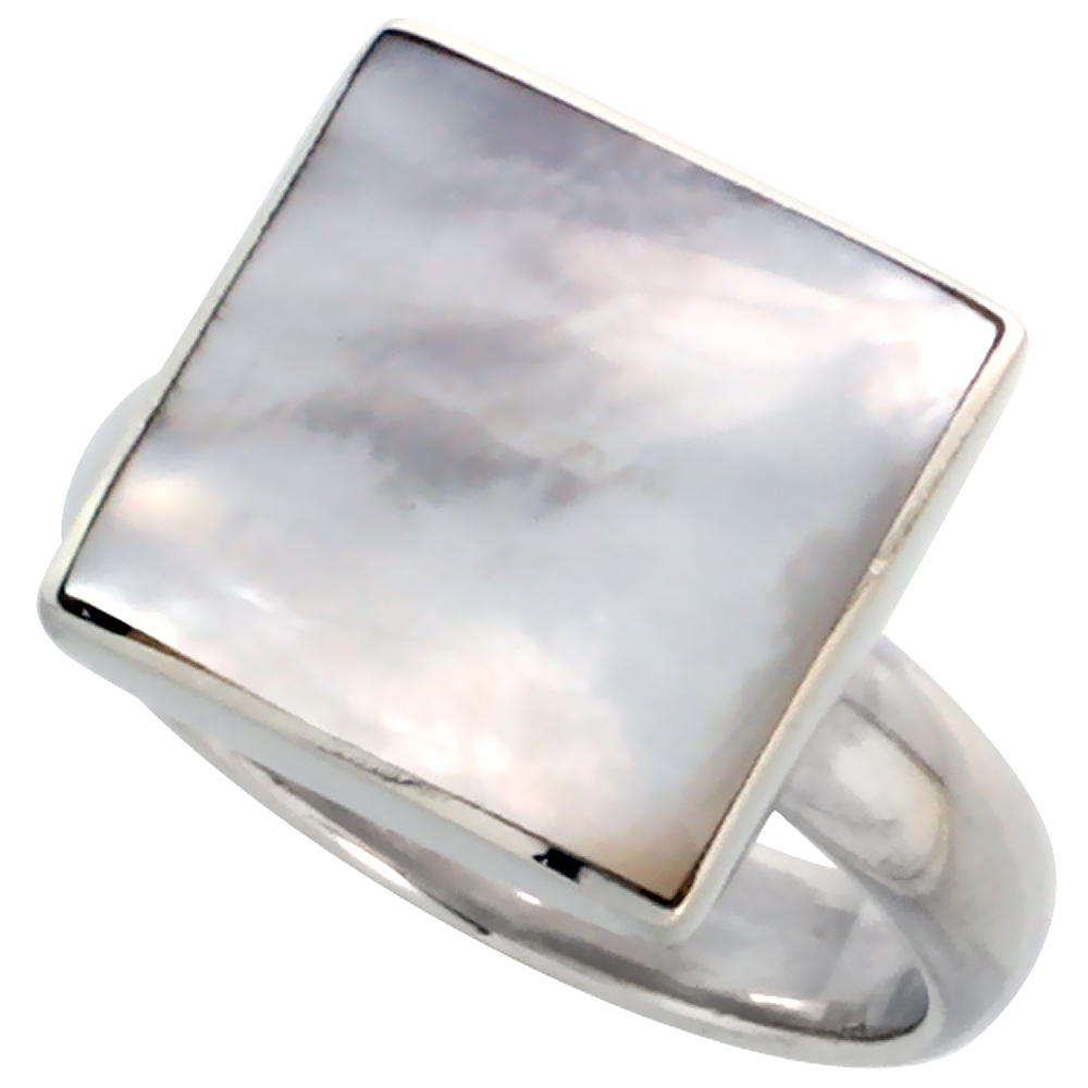 STERLING SILVER RING, W/ 13MM SQUARE-SHAPED MOTHER OF PEARL, 1/2 INCH (13 MM) WIDE