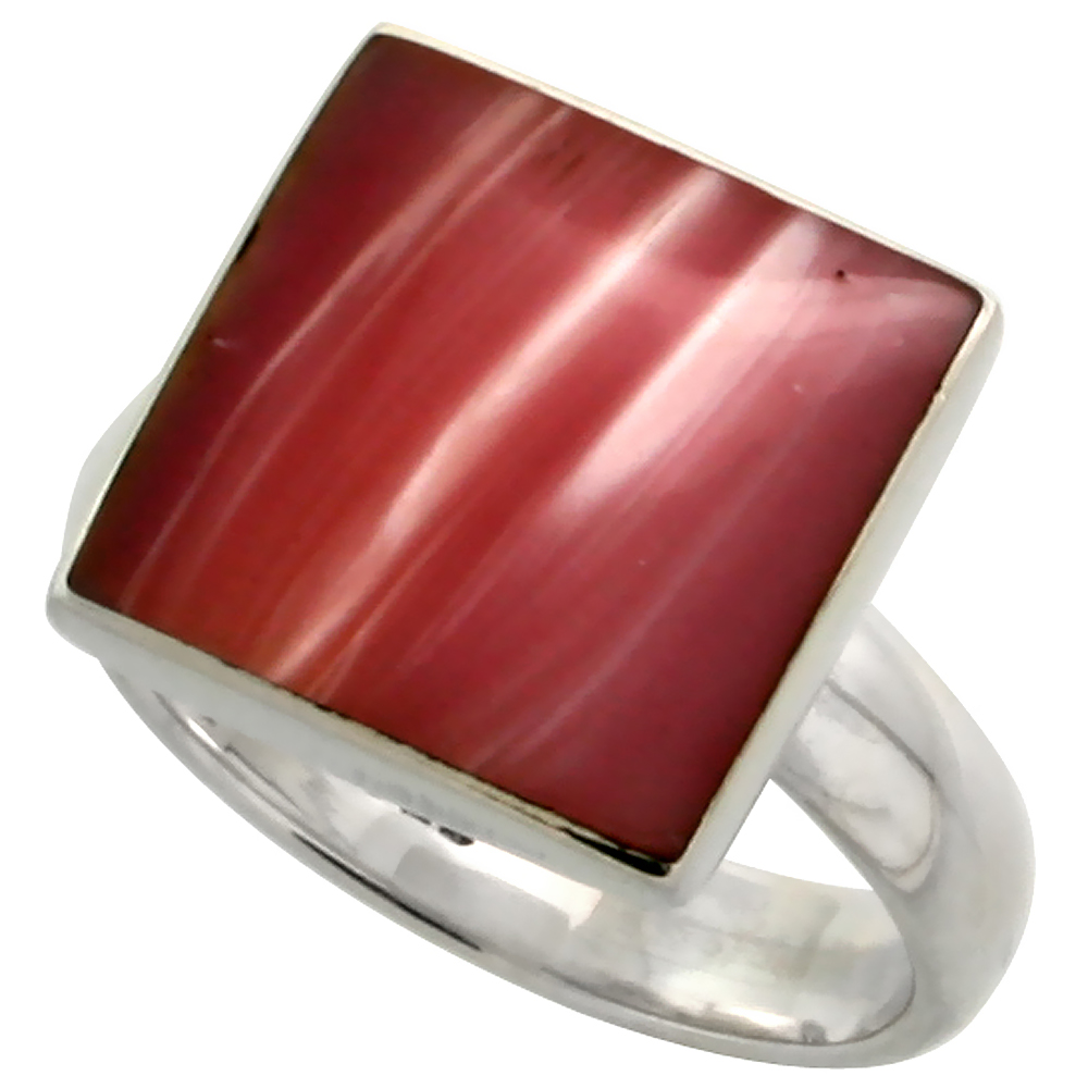 STERLING SILVER RING, W/ 13MM SQUARE-SHAPED PINK MOTHER OF PEARL, 1/2 INCH (13 MM) WIDE