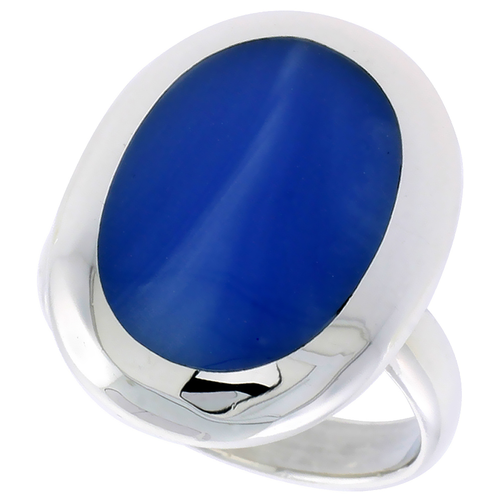 STERLING SILVER RING, W/ 17 X 13 MM OVAL-SHAPED BLUE RESIN, 7/8 INCH (22 MM) WIDE