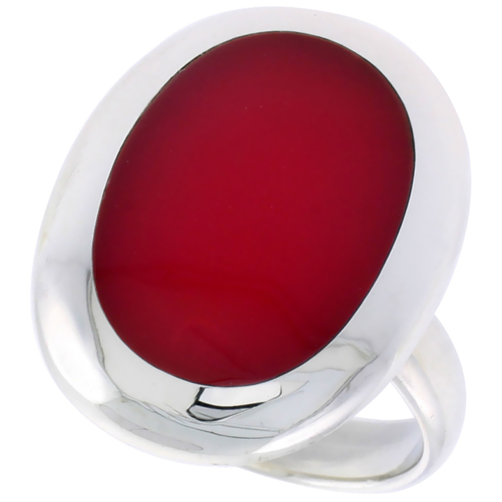 STERLING SILVER RING, W/ 17 X 13 MM OVAL-SHAPED RED RESIN, 7/8 INCH (22 MM) WIDE
