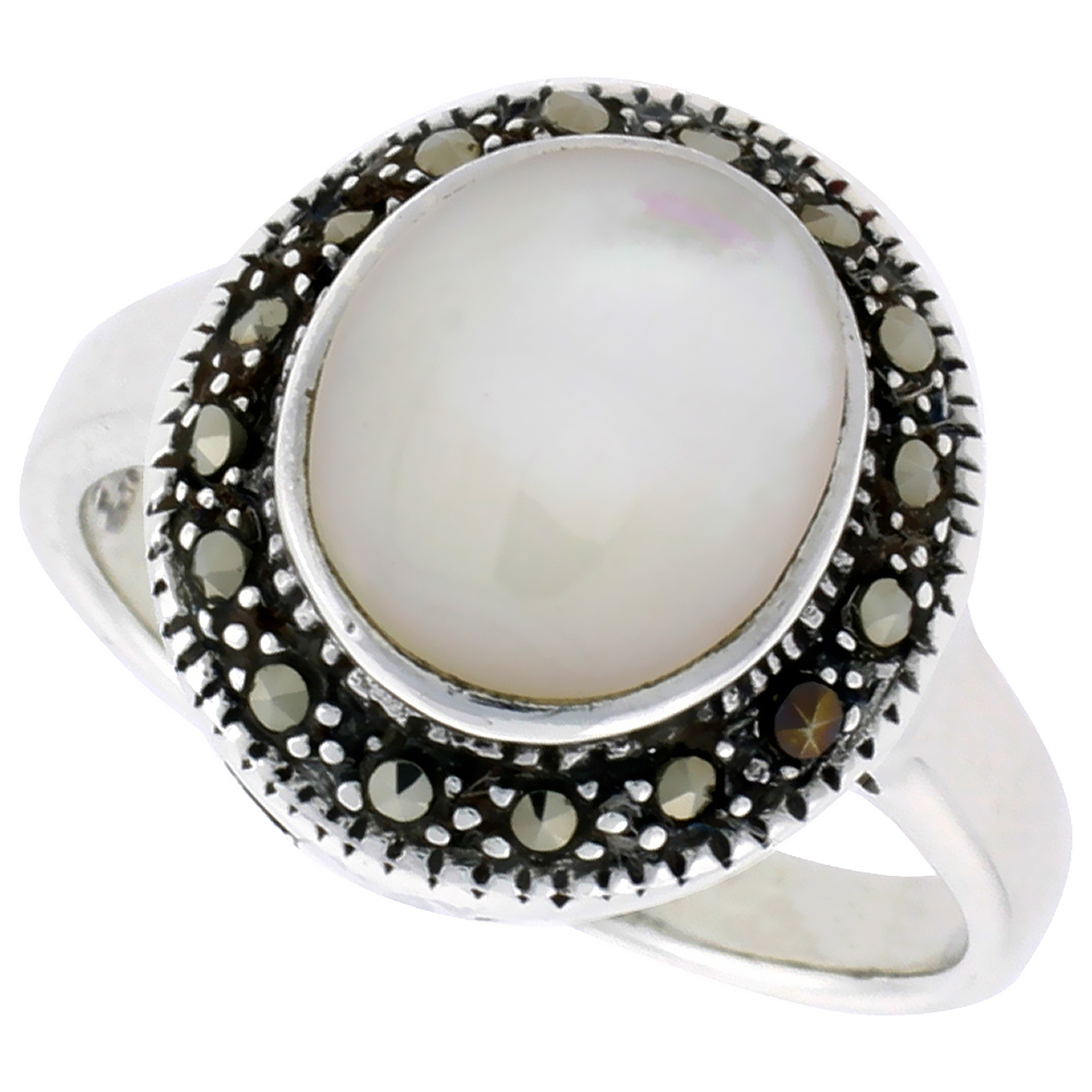 STERLING SILVER RING, W/ 10MM ROUND-SHAPED MOTHER OF PEARL, 5/8 INCH (15 MM) WIDE