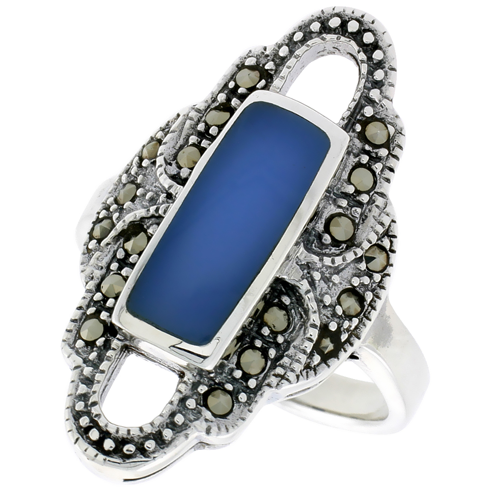 STERLING SILVER RING, W/ 14 X 6 MM RECTANGULAR BLUE RESIN, 1 1/8 INCH (29 MM) WIDE