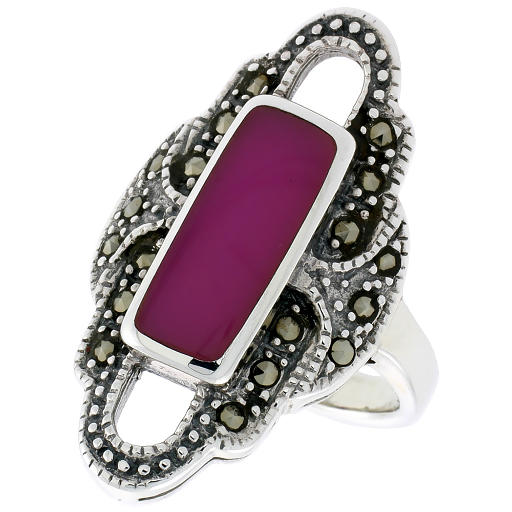 STERLING SILVER RING, W/ 14 X 6 MM RECTANGULAR PURPLE RESIN, 1 1/8 INCH (29 MM) WIDE