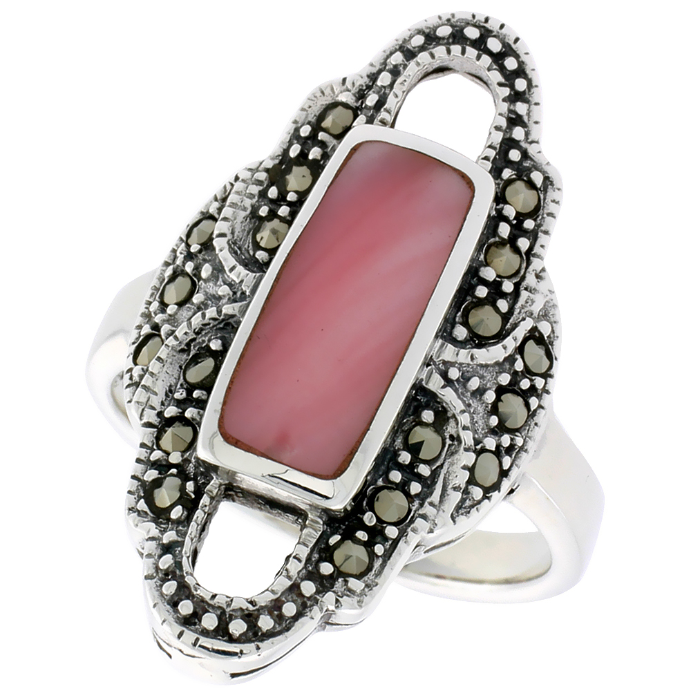 STERLING SILVER RING, W/ 14 X 6 MM RECTANGULAR PINK MOTHER OF PEARL, 1 1/8 INCH (29 MM) WIDE
