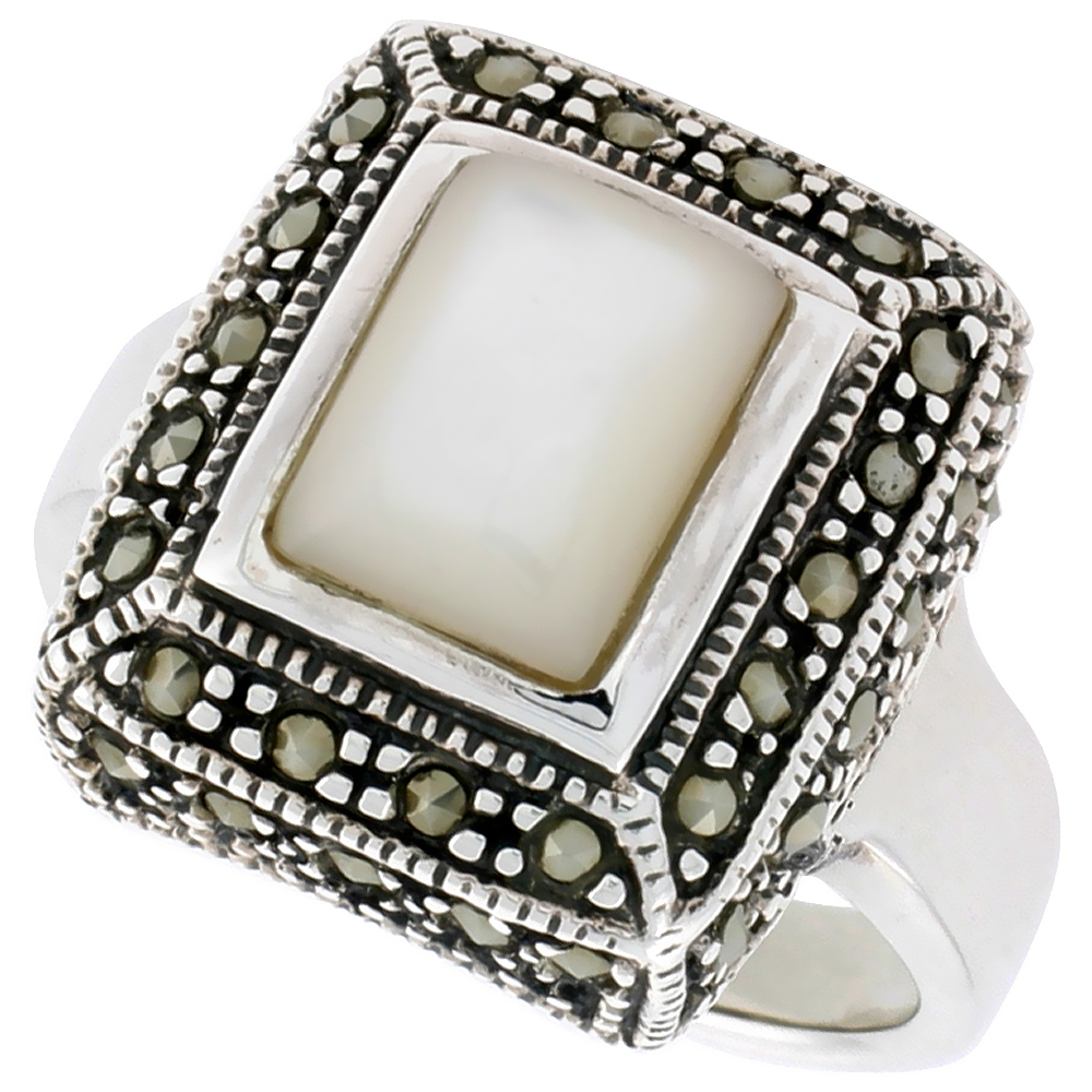 STERLING SILVER RING, W/ 10 X 8 MM RECTANGULAR MOTHER OF PEARL, 3/4 INCH (17 MM) WIDE