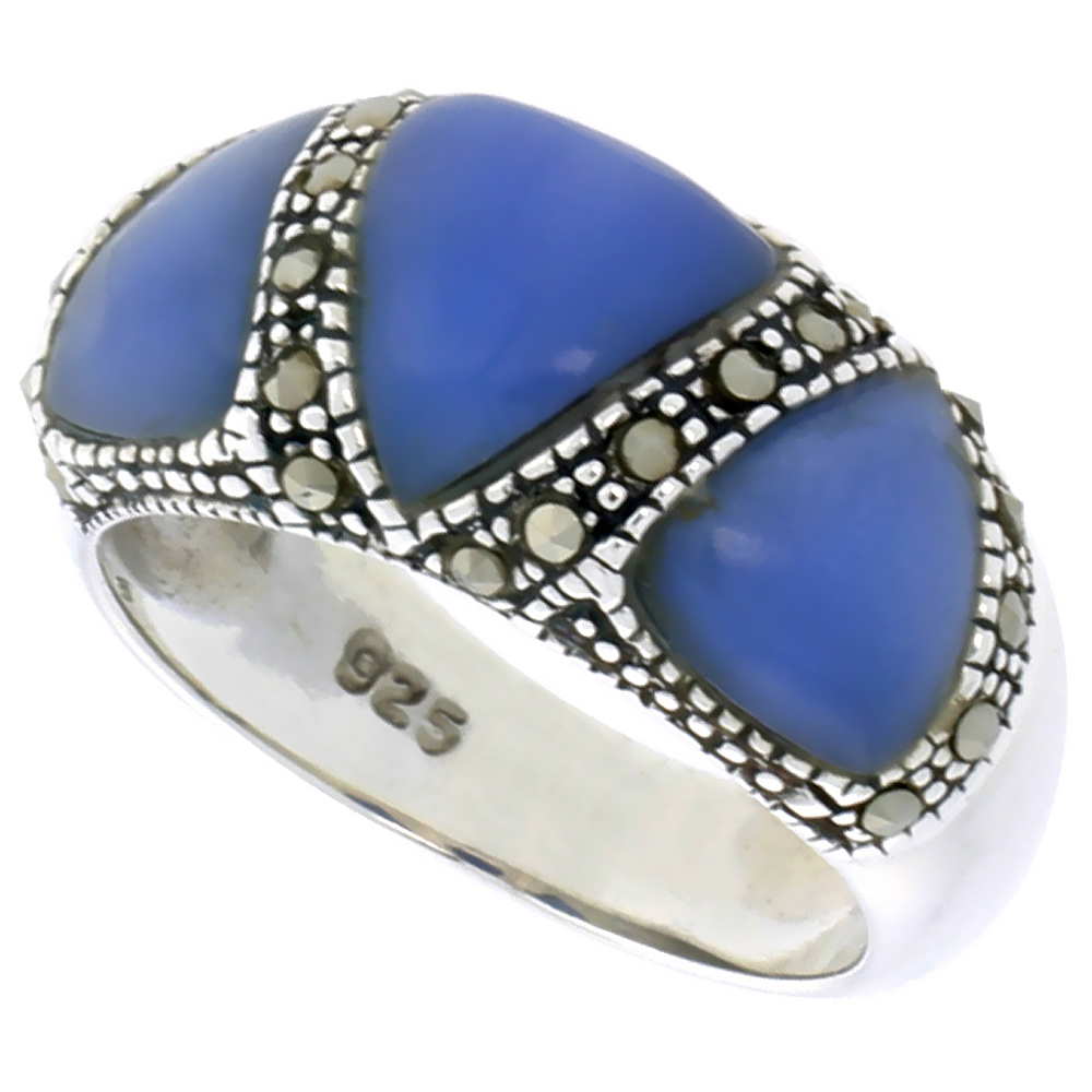 STERLING SILVER RING, W/ 3 TRIANGULAR BLUE RESIN, 3/8 INCH (10 MM) WIDE
