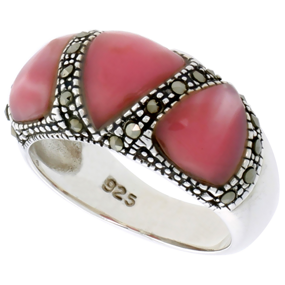 STERLING SILVER RING, W/ 3 TRIANGULAR PINK MOTHER OF PEARLS, 3/8 INCH (10 MM) WIDE