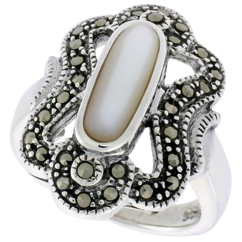 STERLING SILVER RING, W/ 12 X 5 OVAL-SHAPED MOTHER OF PEARL, 7/8 INCH (23 MM) WIDE