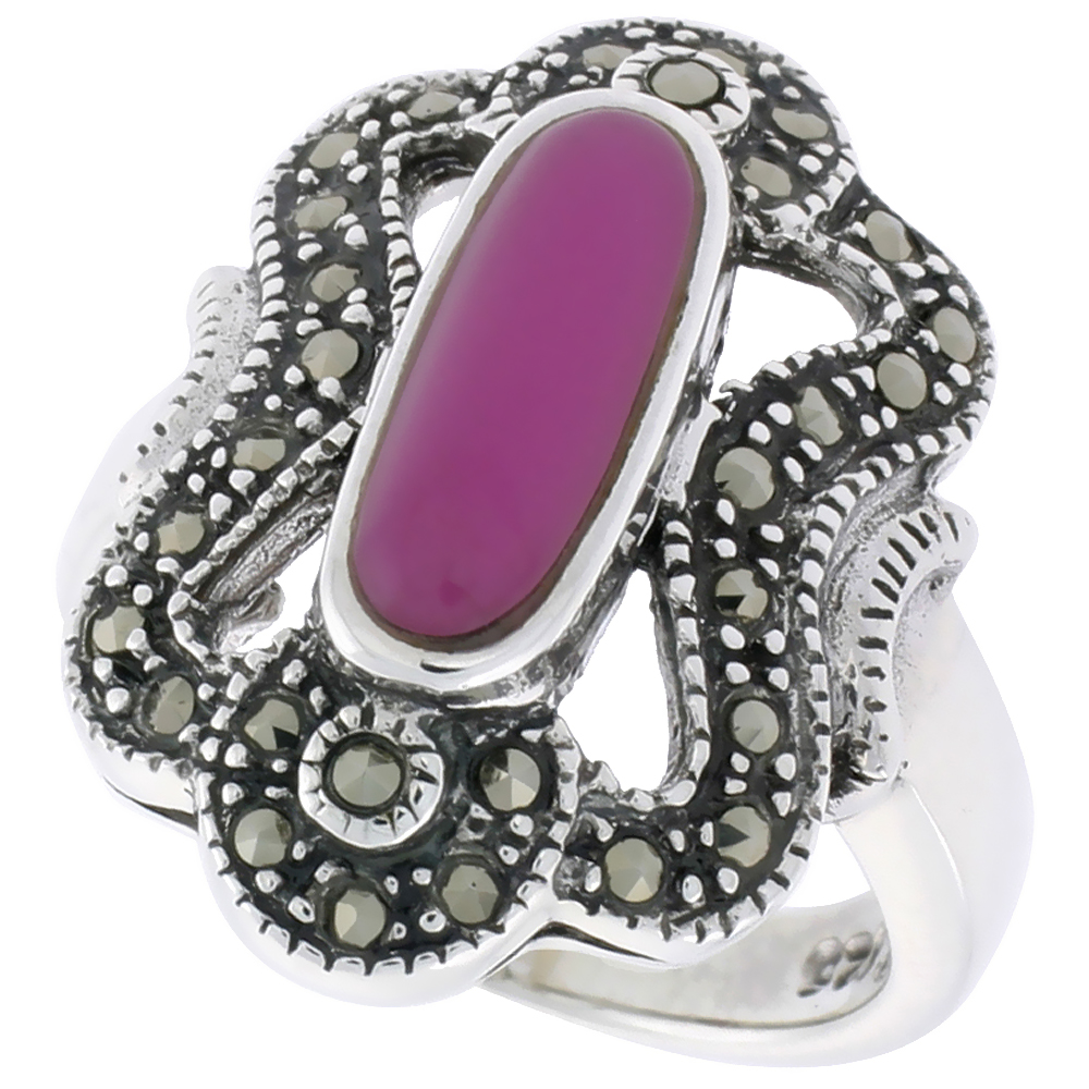 STERLING SILVER RING, W/ 12 X 5 OVAL-SHAPED PURPLE RESIN, 7/8 INCH (23 MM) WIDE