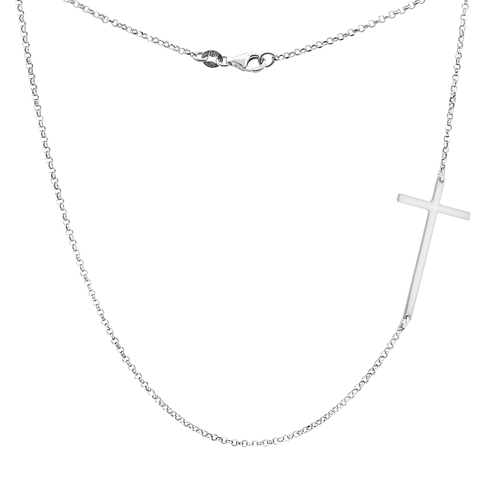 STERLING SILVER SIDEWAYS CROSS NECKLACE RHODIUM FINISH ITALY, 17.5 INCH LONG