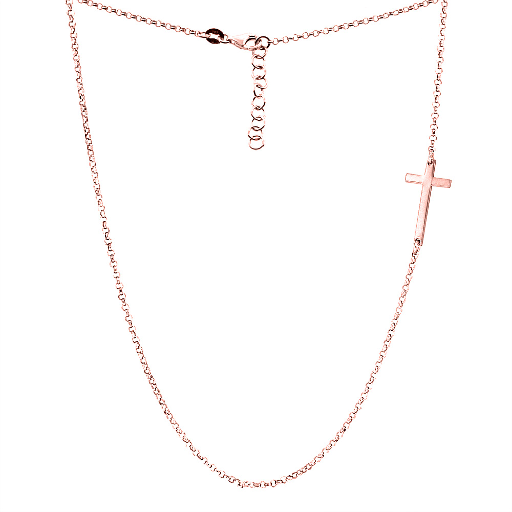 STERLING SILVER SMALL SIDEWAYS CROSS NECKLACE TWO-TONE ROSE GOLD FINISH ITALY, 17.5 INCH LONG