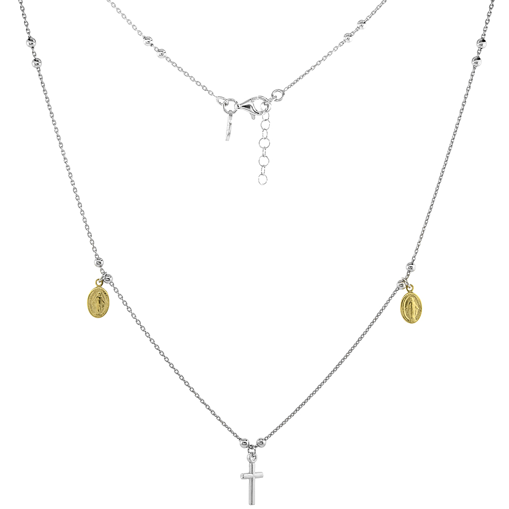 STERLING SILVER MIRACULOUS MEDAL & CROSS NECKLACE TWO-TONE GOLD ACCENTS, 16 - 17 INCH