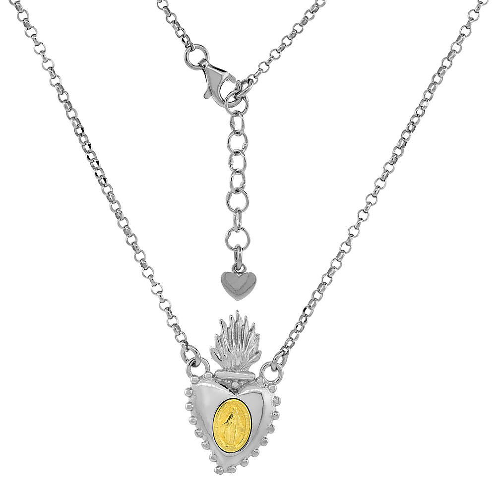STERLING SILVER SACRED HEART NECKLACE OVAL MIRACULOUS MEDAL VIRGIN MARY ITALY 1/2 INCH